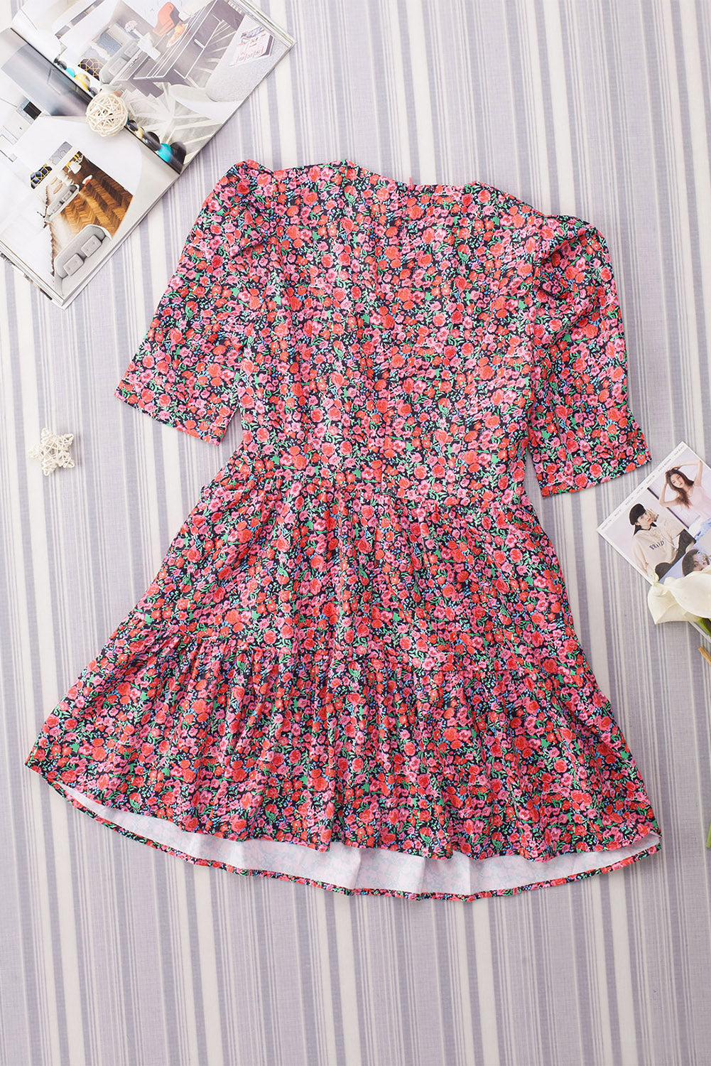 Red Vintage Puff Sleeve Side Pockets Floral Dress