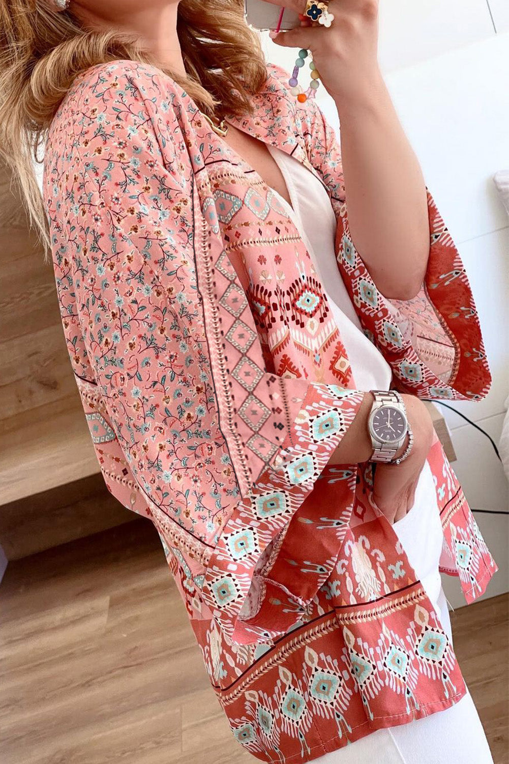 Pink Floral Aztec Print 3/4 Sleeve Open Front Kimono