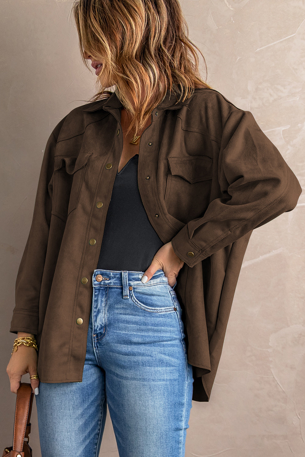 Khaki Snap Button Up Suede Jacket