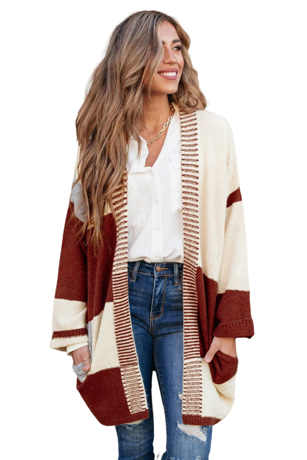Red Chunky Block Pattern Knit Open Front Cardigan
