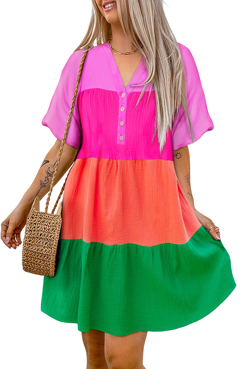 Multicolor Color Block Tiered Puff Sleeve Dress