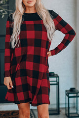 Buffalo Plaid Splicing Long Sleeve Mini Dress