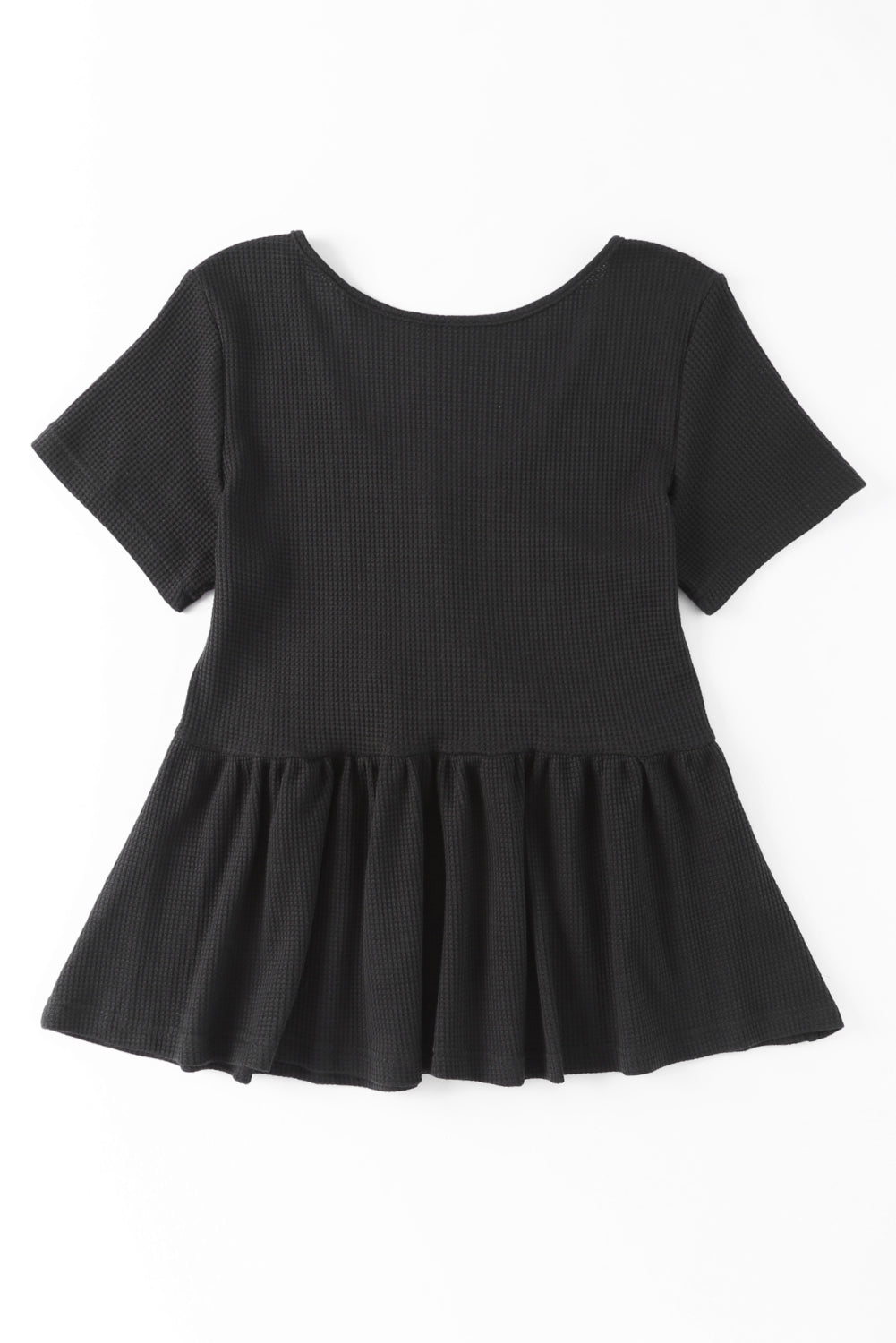 Black Short Sleeve Waffle Knit Peplum Top