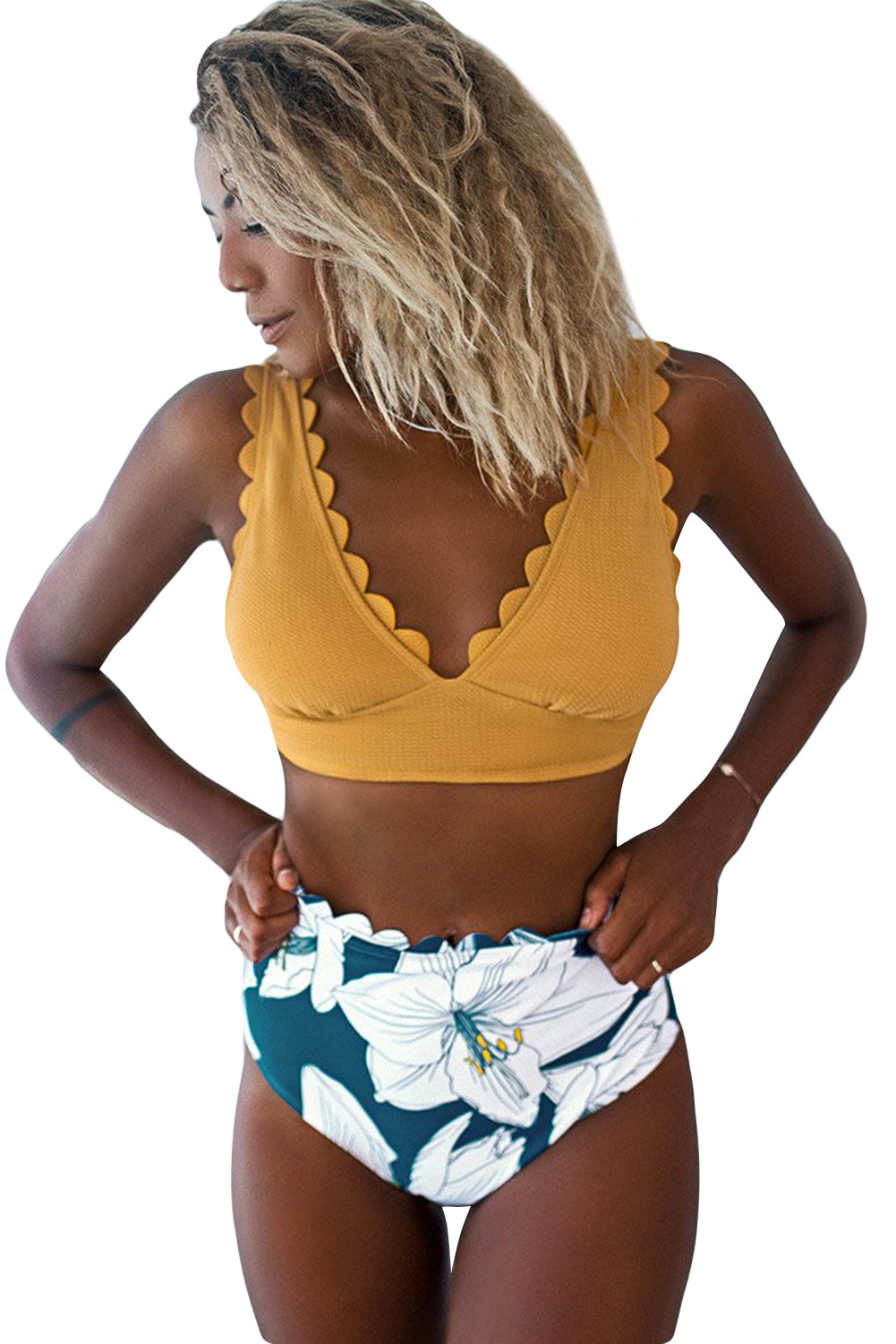 Yellow Solid V-Neck Scalloped Floral Bikini