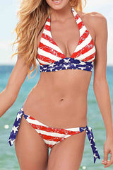 Red American Flag Print Self-tie Strap Halter V Neck Bikini