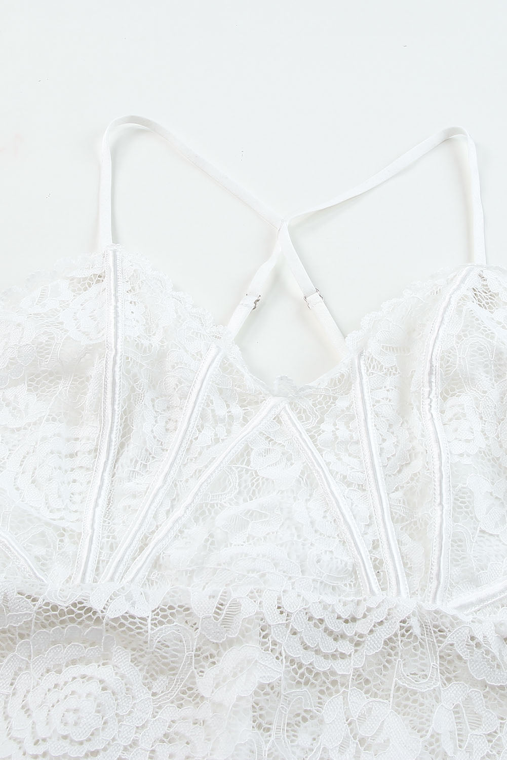White Crisscross Back Soft Bone Floral Lace Crochet Bodysuit