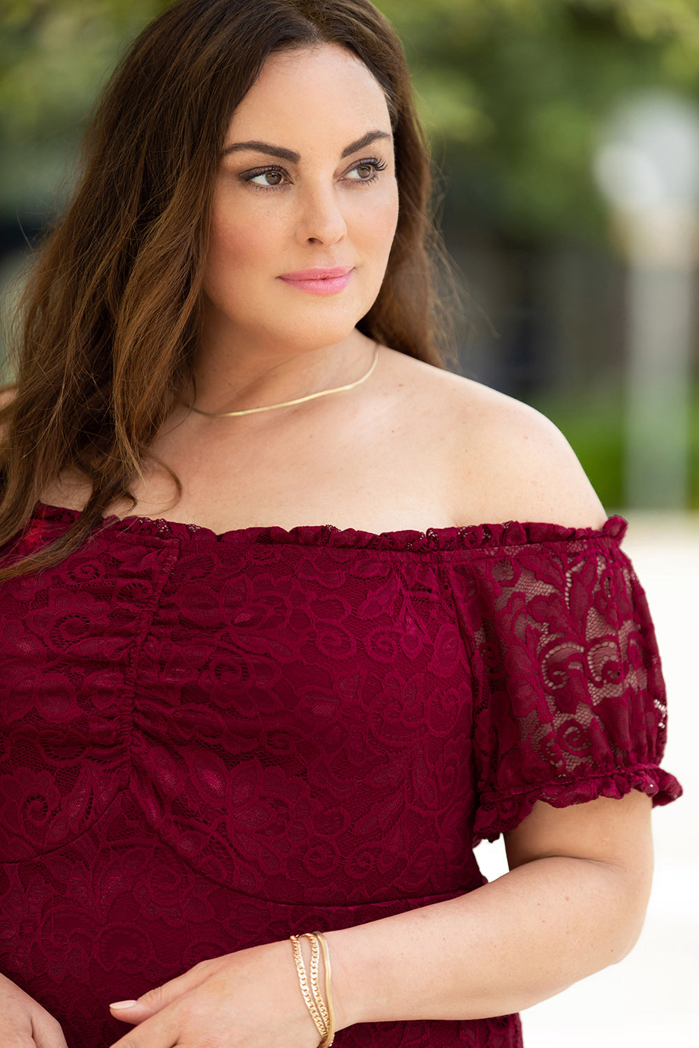 Red Lace Frill Bubble Sleeve Off Shoulder Plus Size Dress