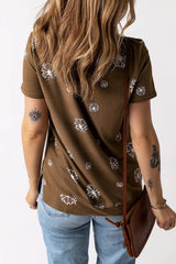 Brown Dandelion Print Crew Neck T-shirt