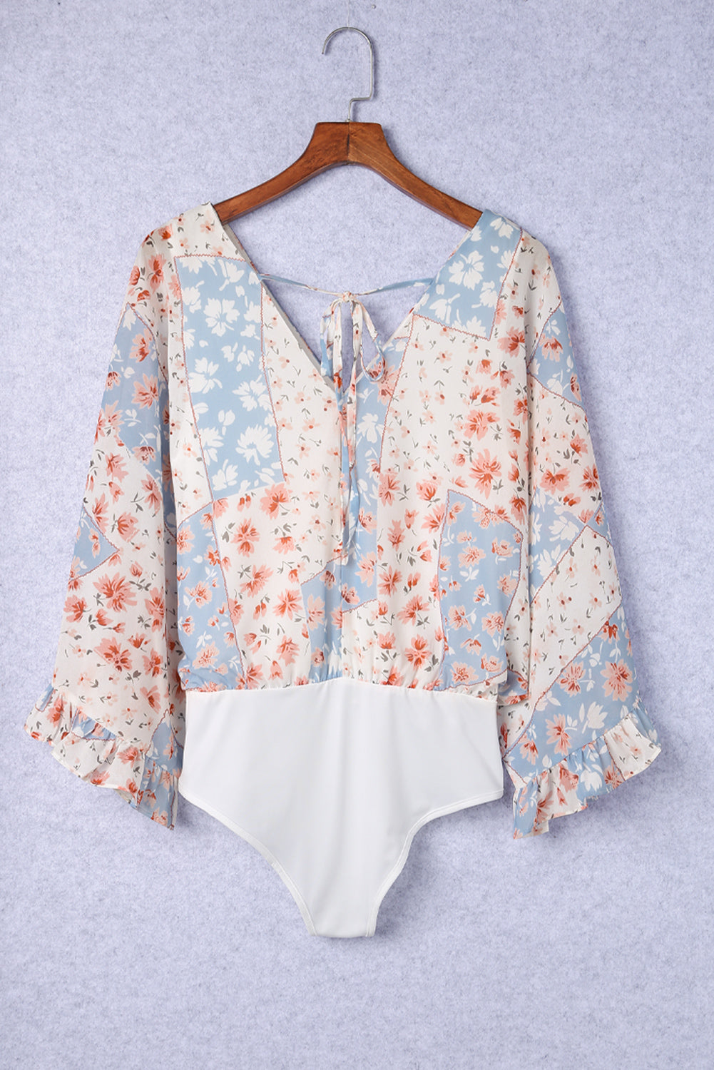 Sky Blue Floral Surplice Wide Sleeve Bodysuit
