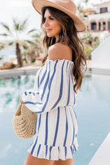 Blue Striped Off Shoulder Ruffled Long Sleeve Romper