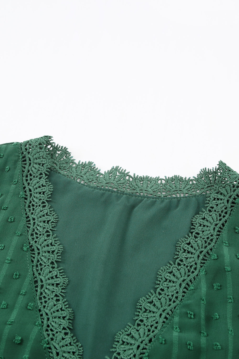 Green Lace Splicing V-Neck Swiss Dot Short Sleeve Top