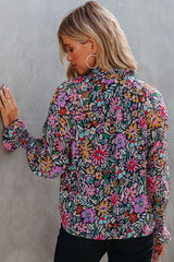 Multicolour Plus Size Floral Smocked Cuffs V-Neck Blouse