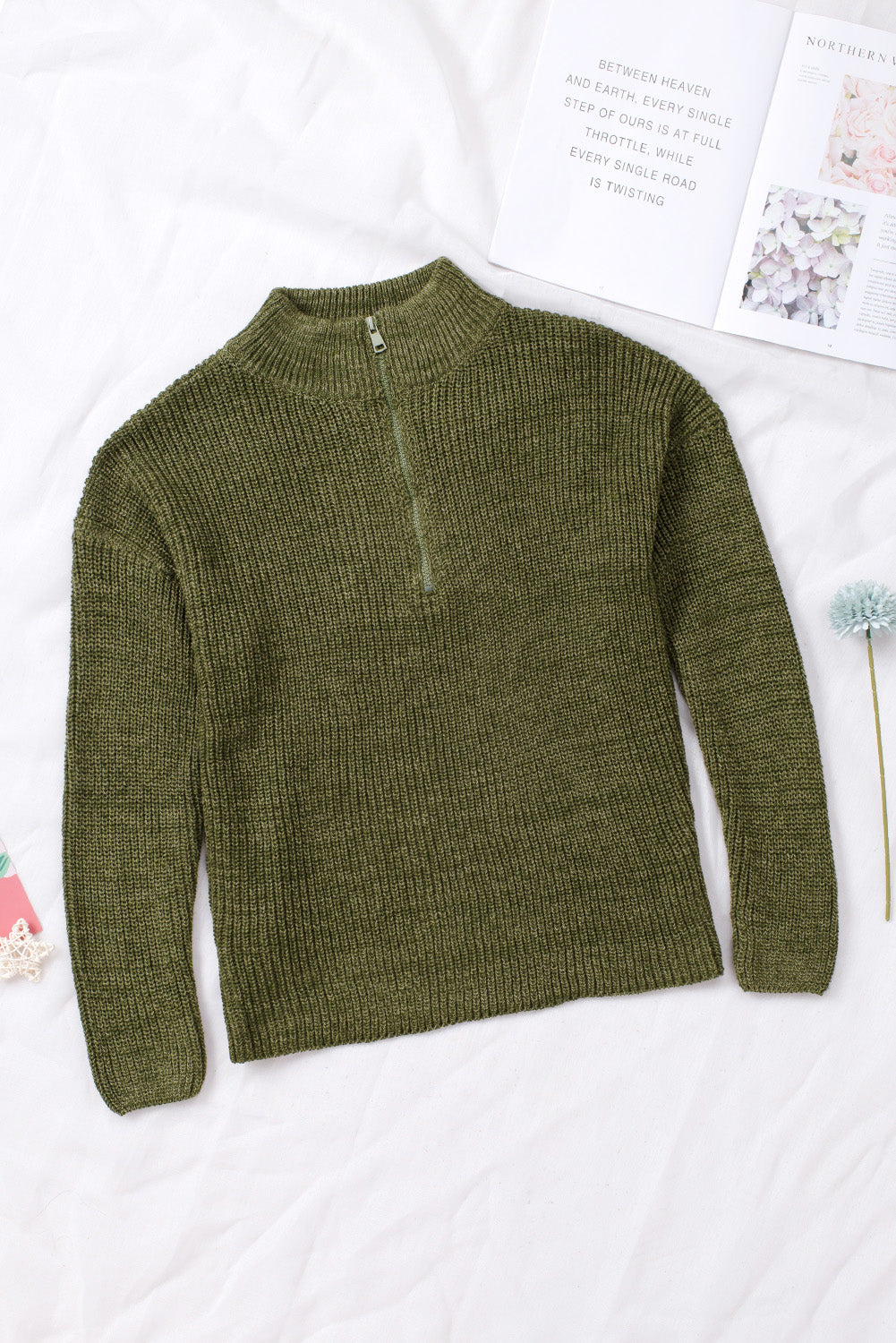 Red Zipped Turtleneck Drop Shoulder Knit Sweater