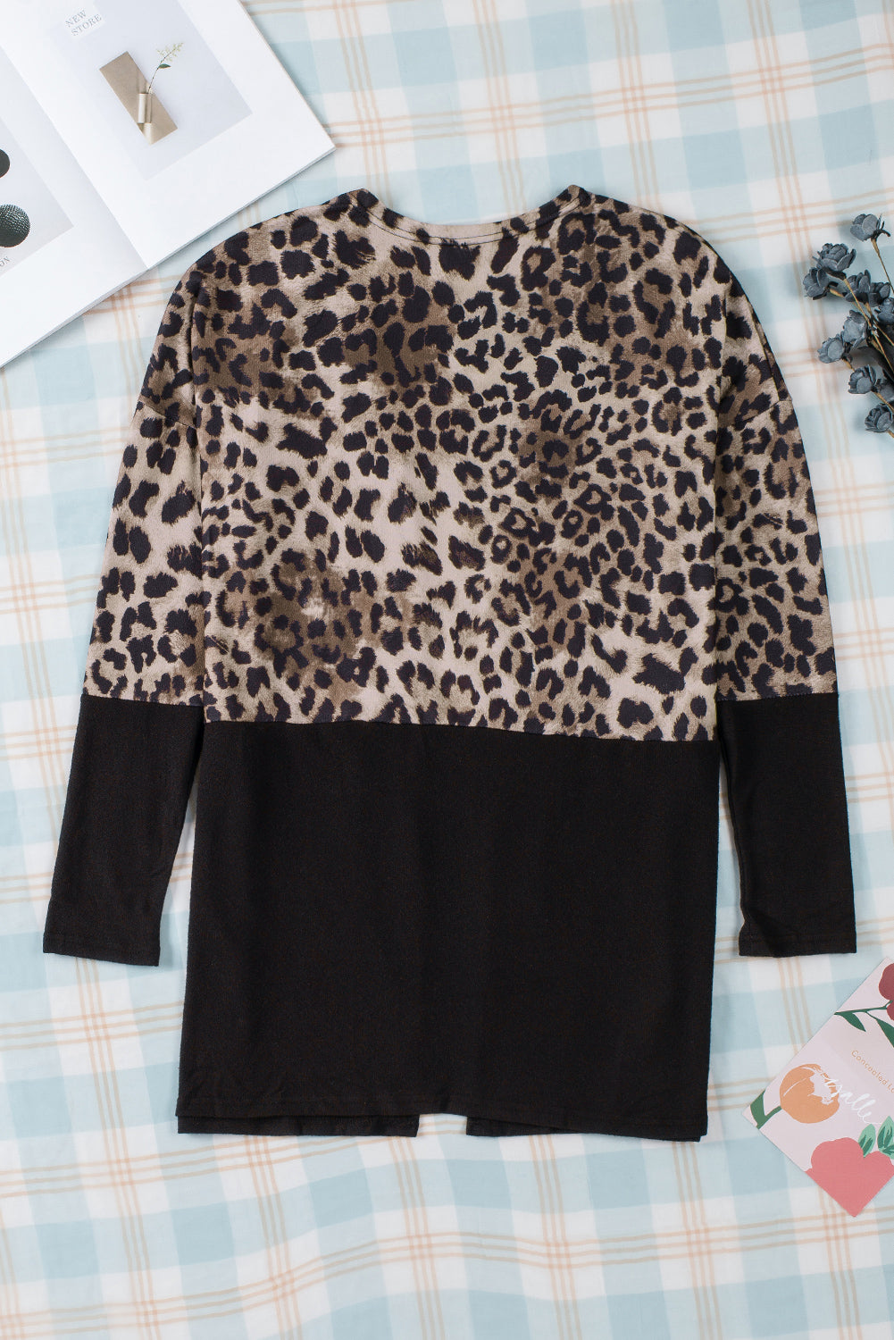 Black Leopard Print Patchwork Pocket Cardigan