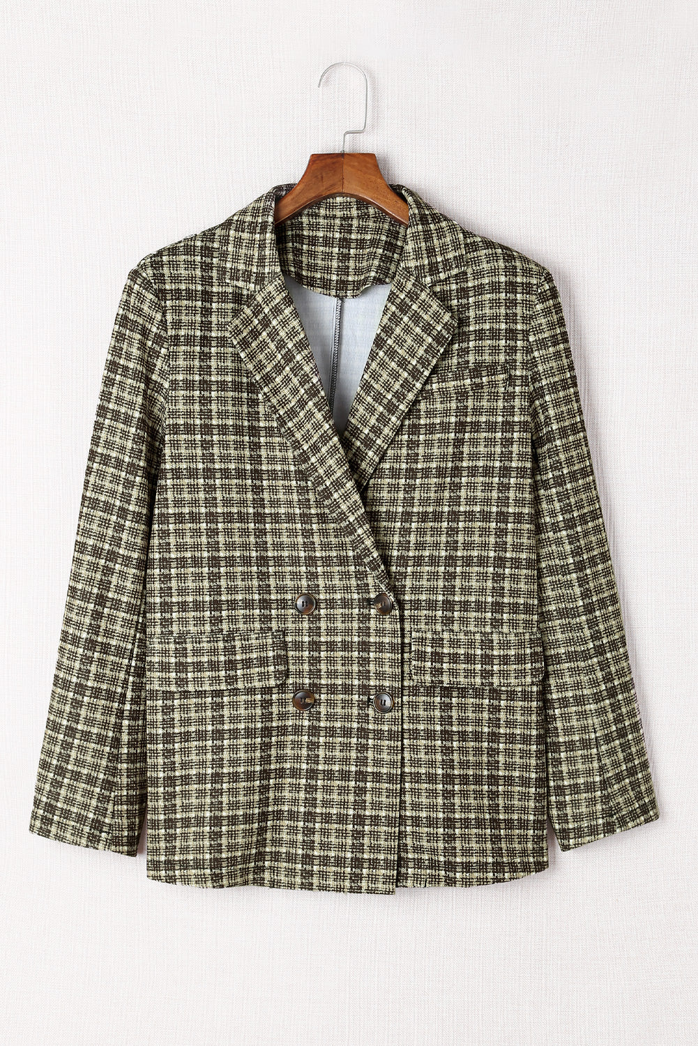 Black Plaid Double Breasted Lapel Collar Blazer