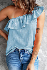 Sky Blue Ruffle One Shoulder Crinkle Tank