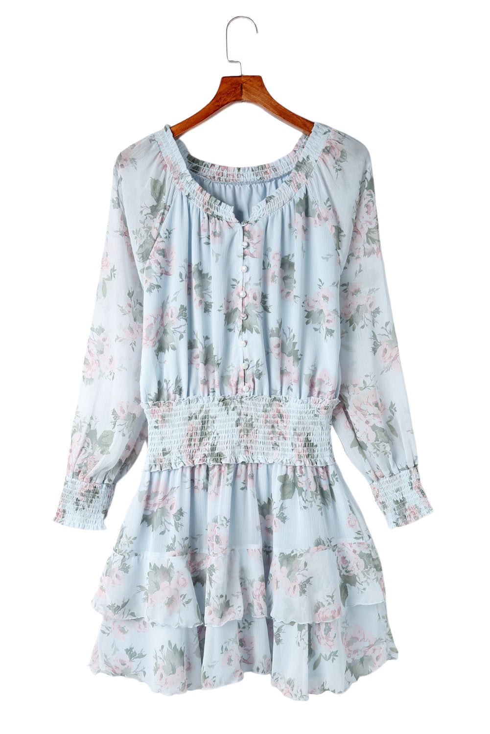 Green Floral Print Tiered Ruffled Shirred High Waist Mini Dress