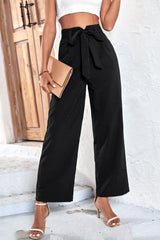 Black Solid Color Tie Waist Wide Leg Pants