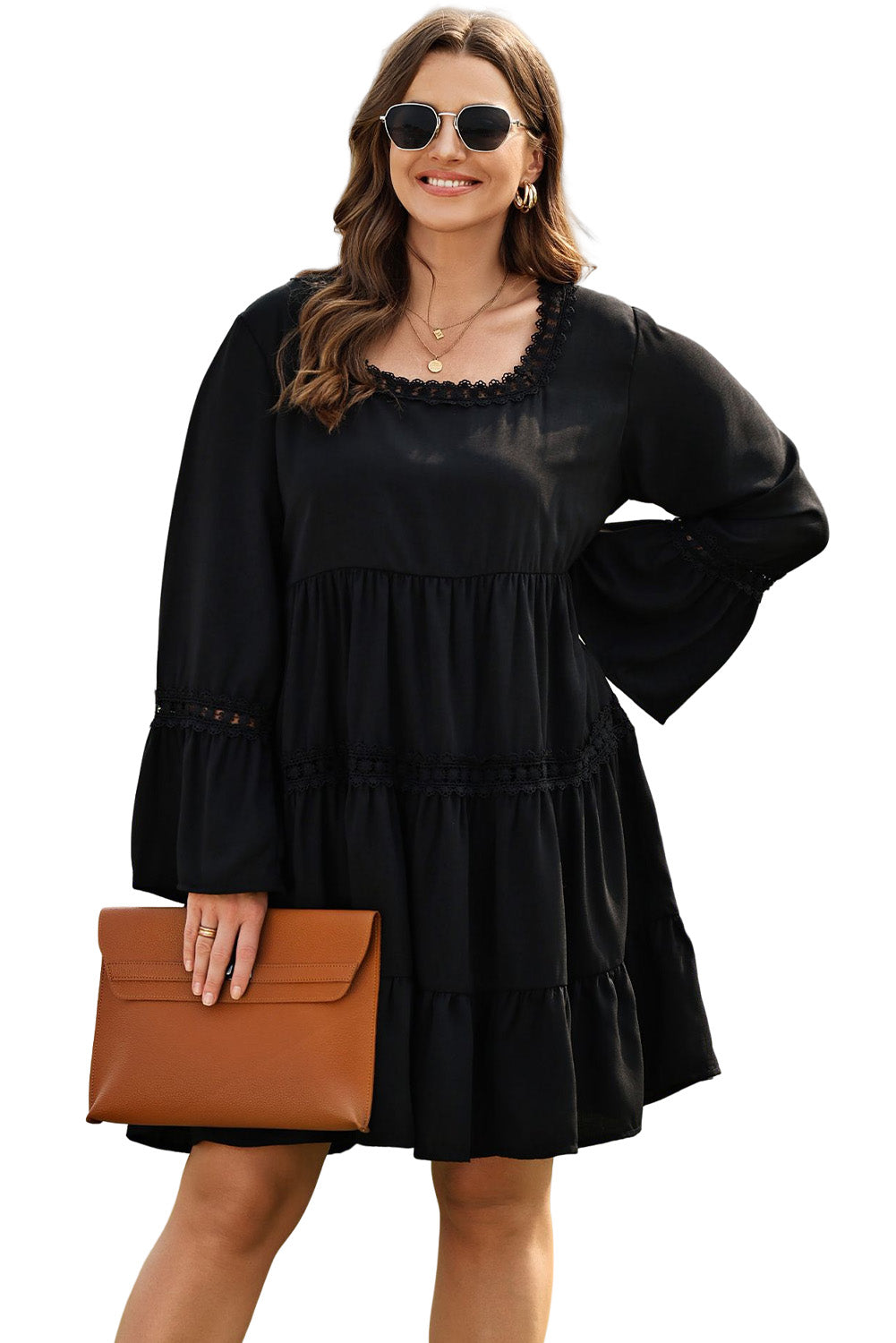 Black Lace Trim Tie Back Plus Size Tiered Swing Dress