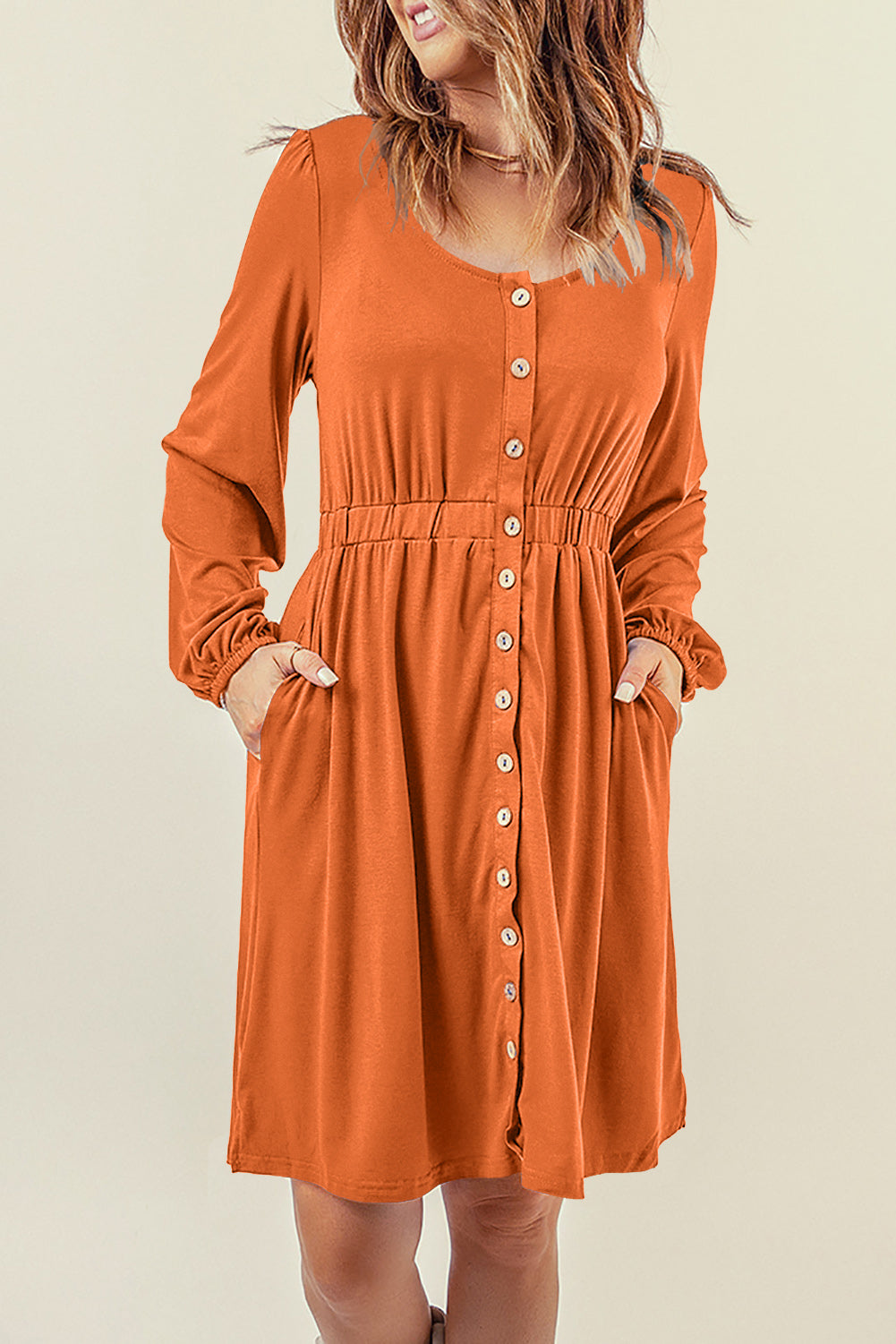 Red Button Up High Waist Long Sleeve Dress