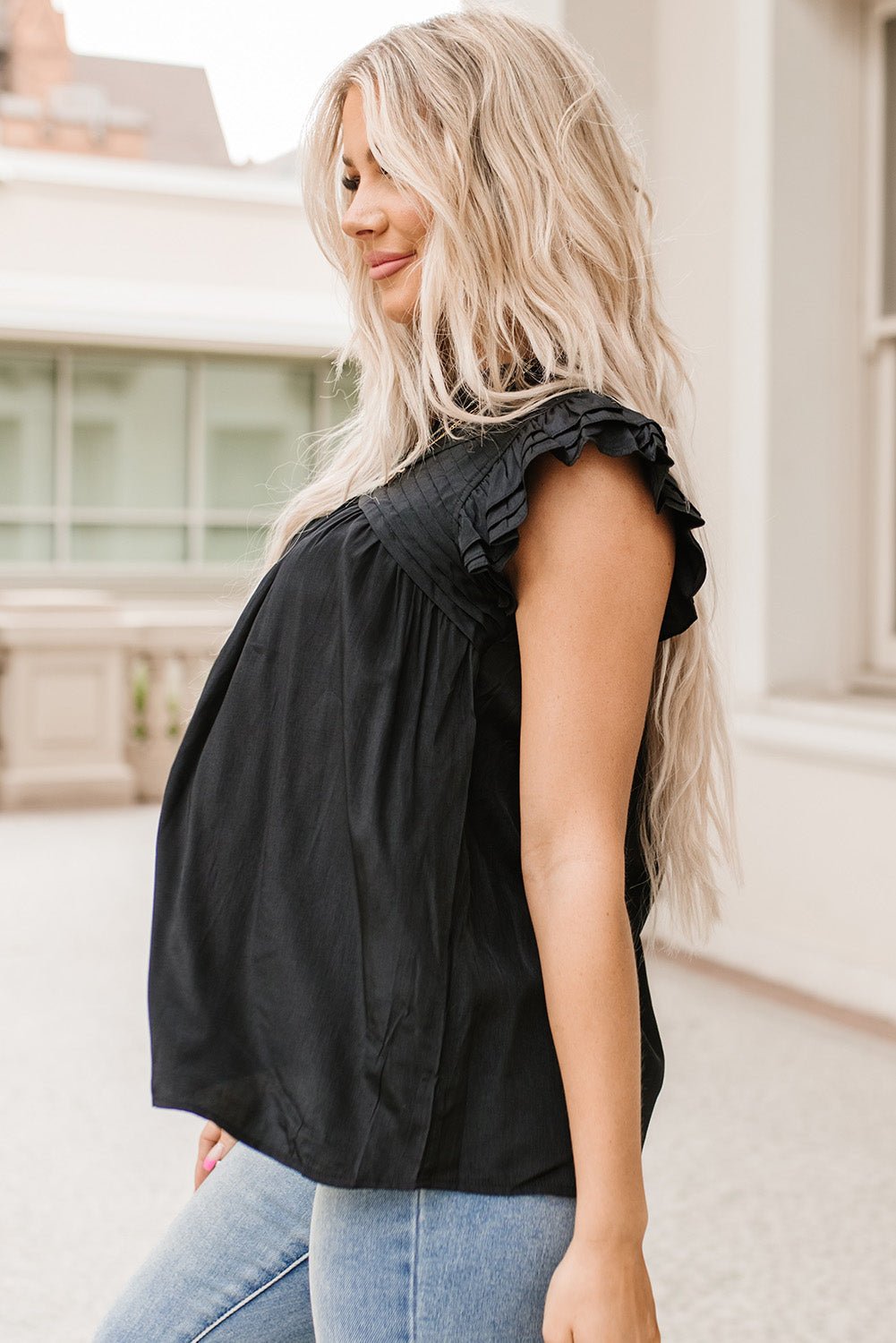 Black Ruffle Sleeve Pleated Yoke Loose Top