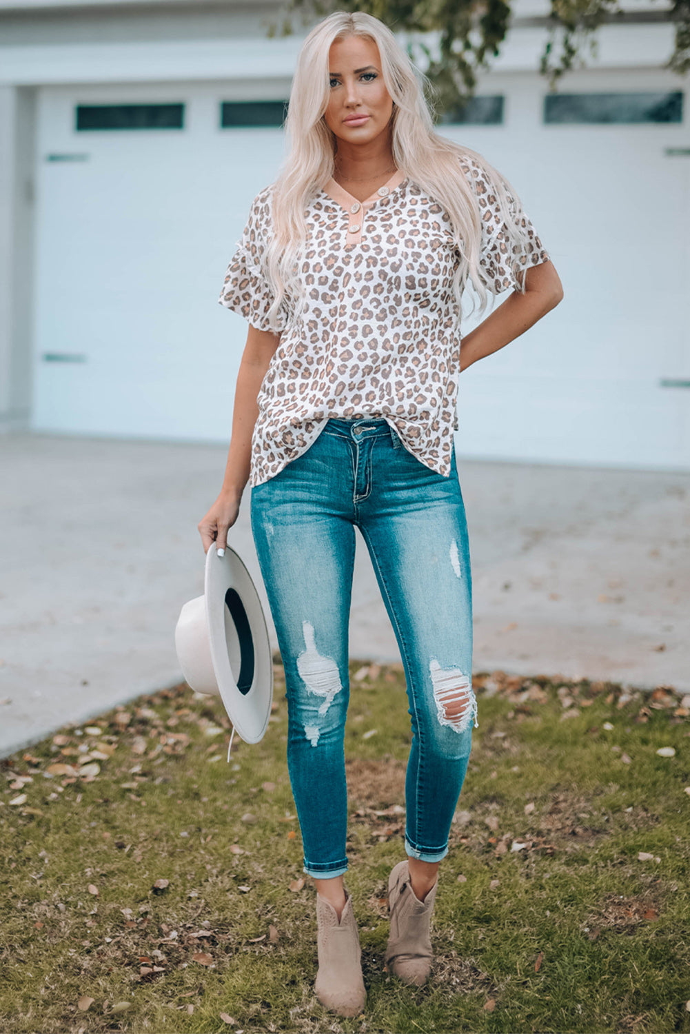 Buttons Neck Ruffled Sleeve Leopard Top