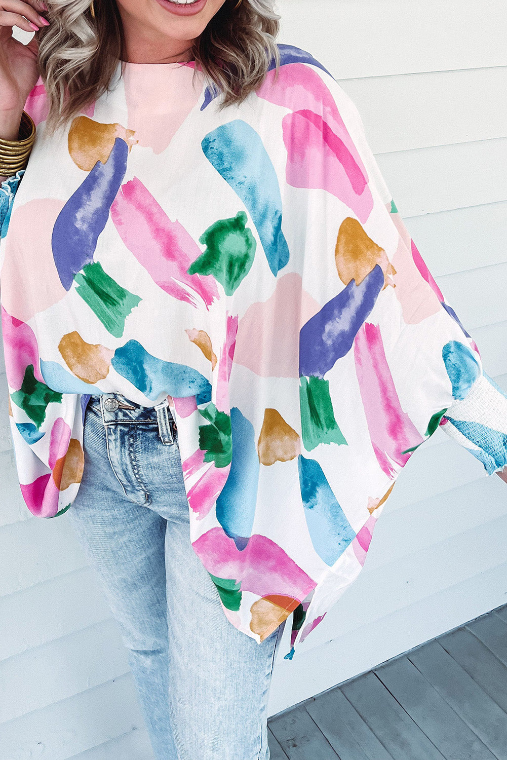 Multicolor Brushstroke Graffiti Print Dolman Sleeve Blouse