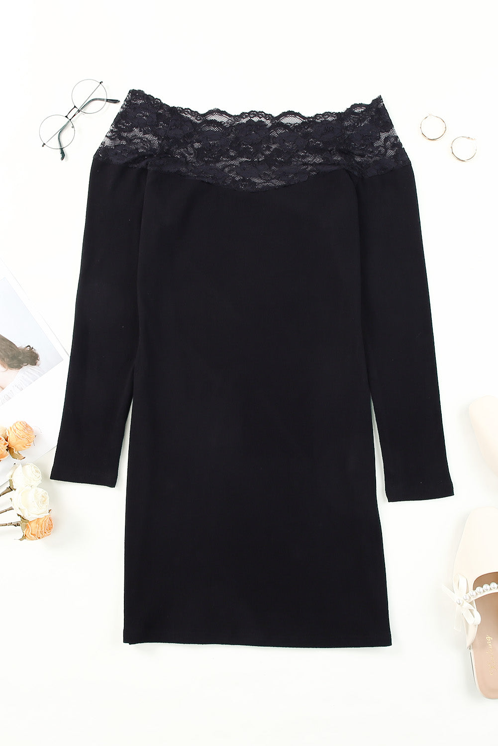 Black Lace Paneled Package Hip Knitted Bodycon Dress