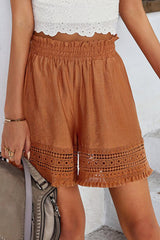 Brown Smocked Waist Crochet Hem Casual Loose Shorts