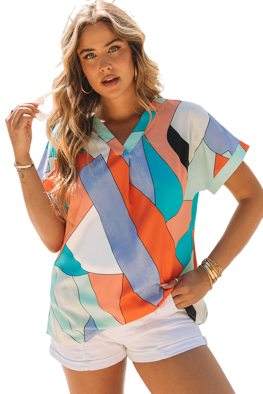 Multicolor Irregular Color Block Printed Short Sleeve Blouse