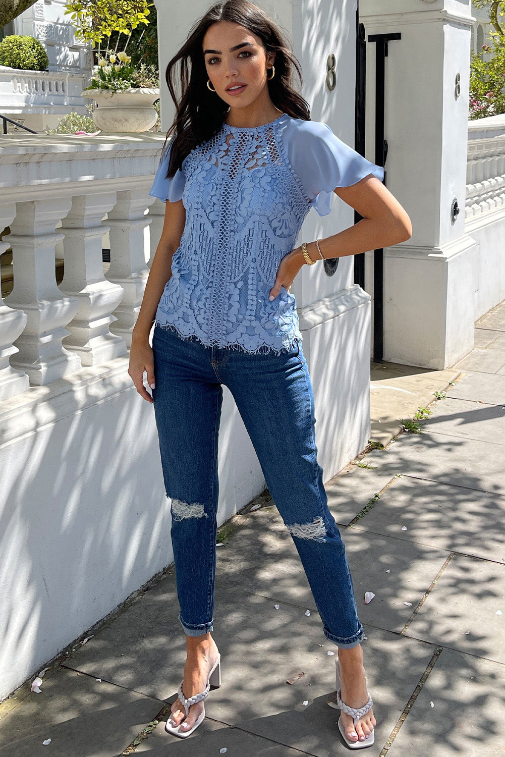 Sky Blue Contrast Lace Petal Sleeve Crew Neck T-shirt