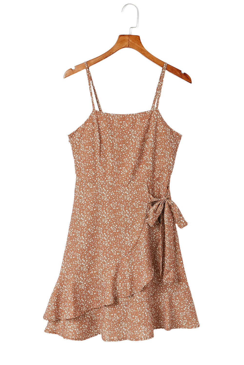 Khaki Spaghetti Straps Ruffled Hem Floral Dress