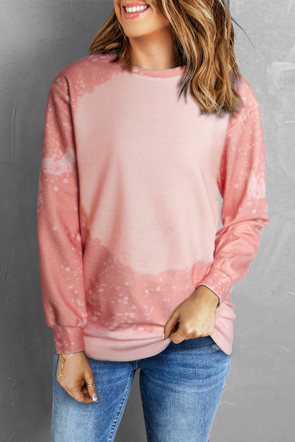 Pink Bleached Round Neck Pullover Sweatshirt