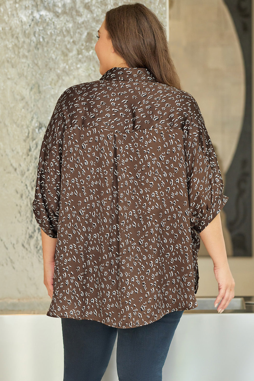 Leopard Buttoned Batwing Sleeve Plus Size Shirt