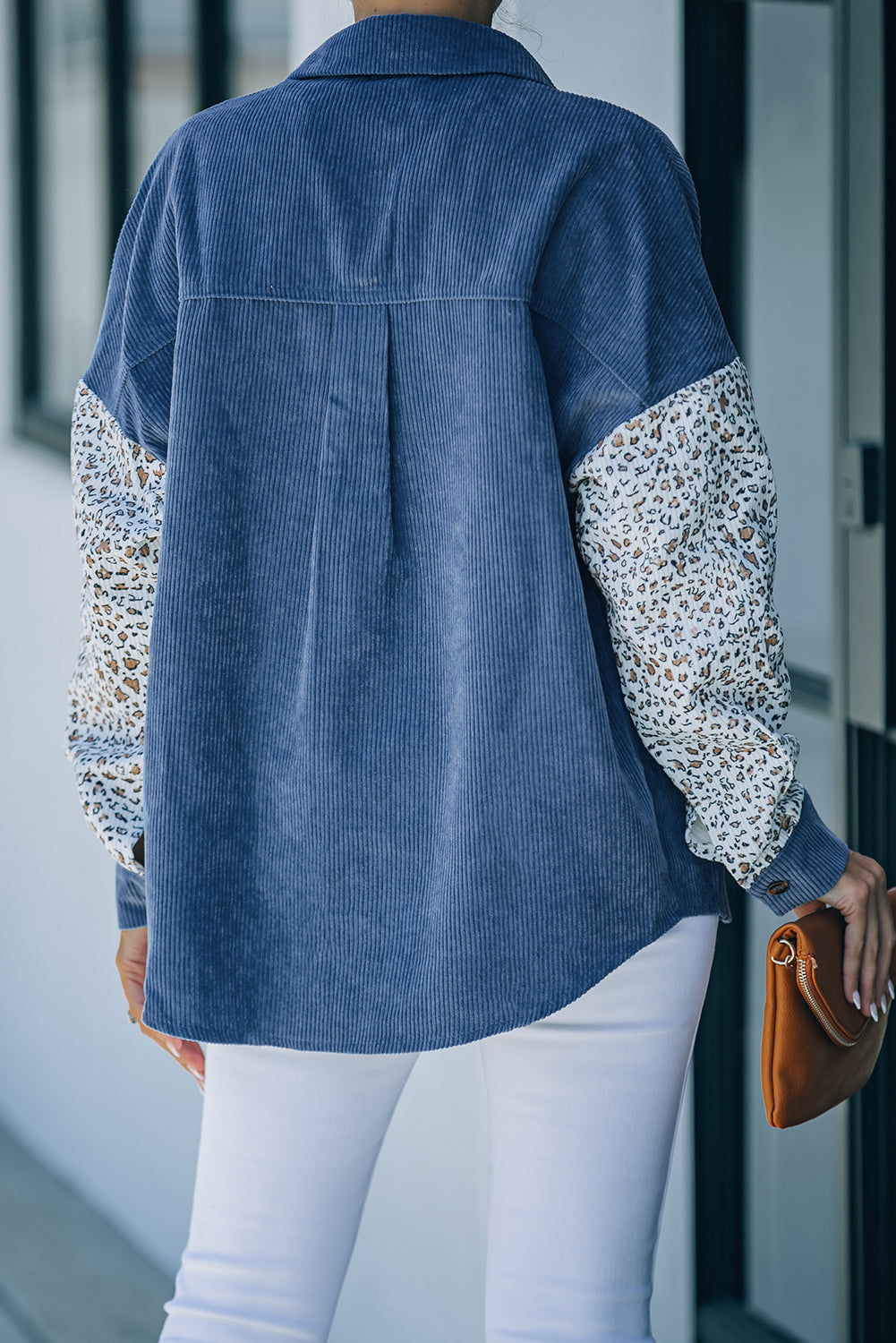 Gray Leopard Patchwork Corduroy Buttoned Shirt Jacket