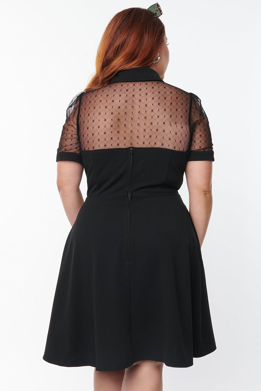 Black Plus Size Collared Mesh Yoke Fit Flare Dress