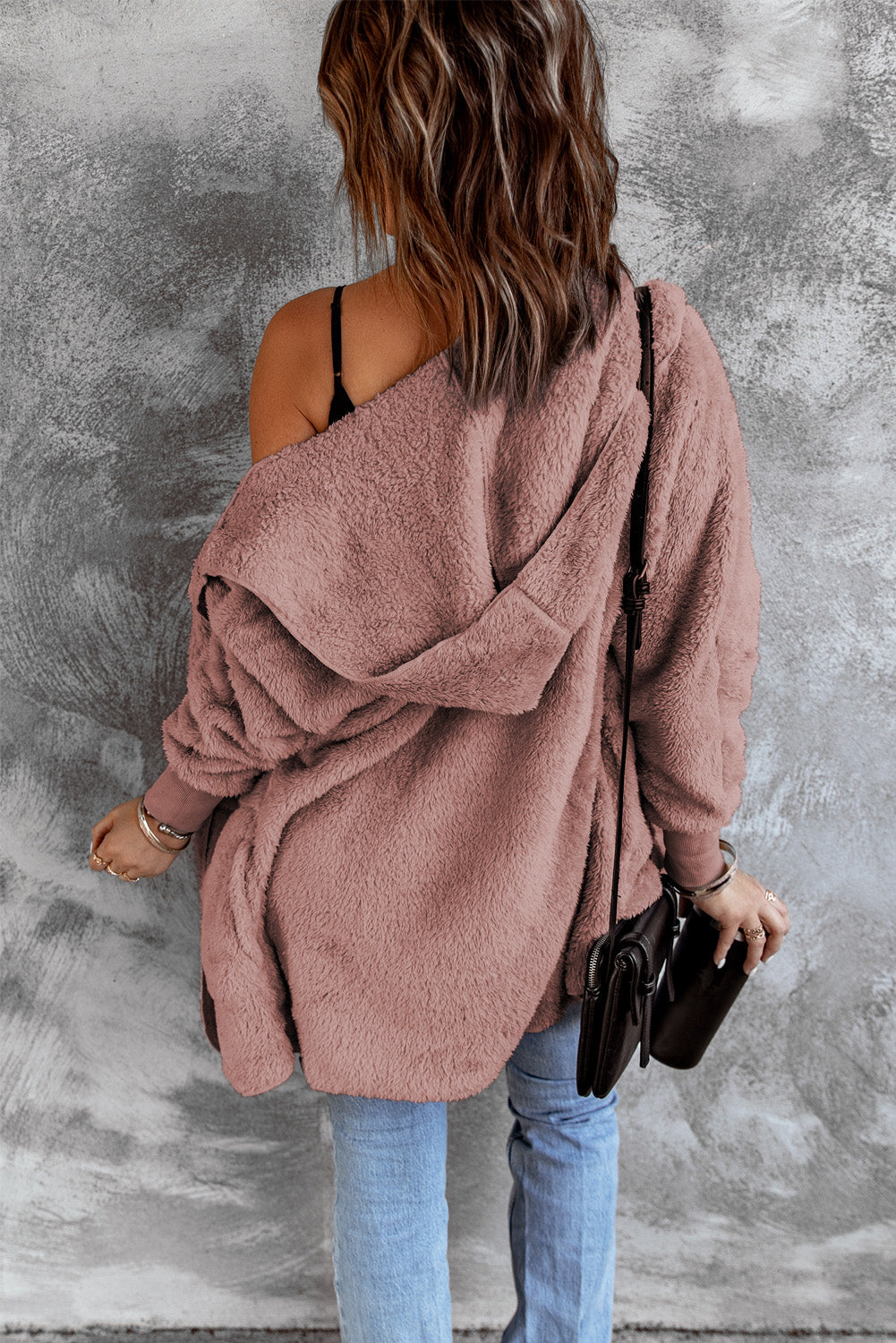 Pink Soft Fleece Hooded Open Front Coat