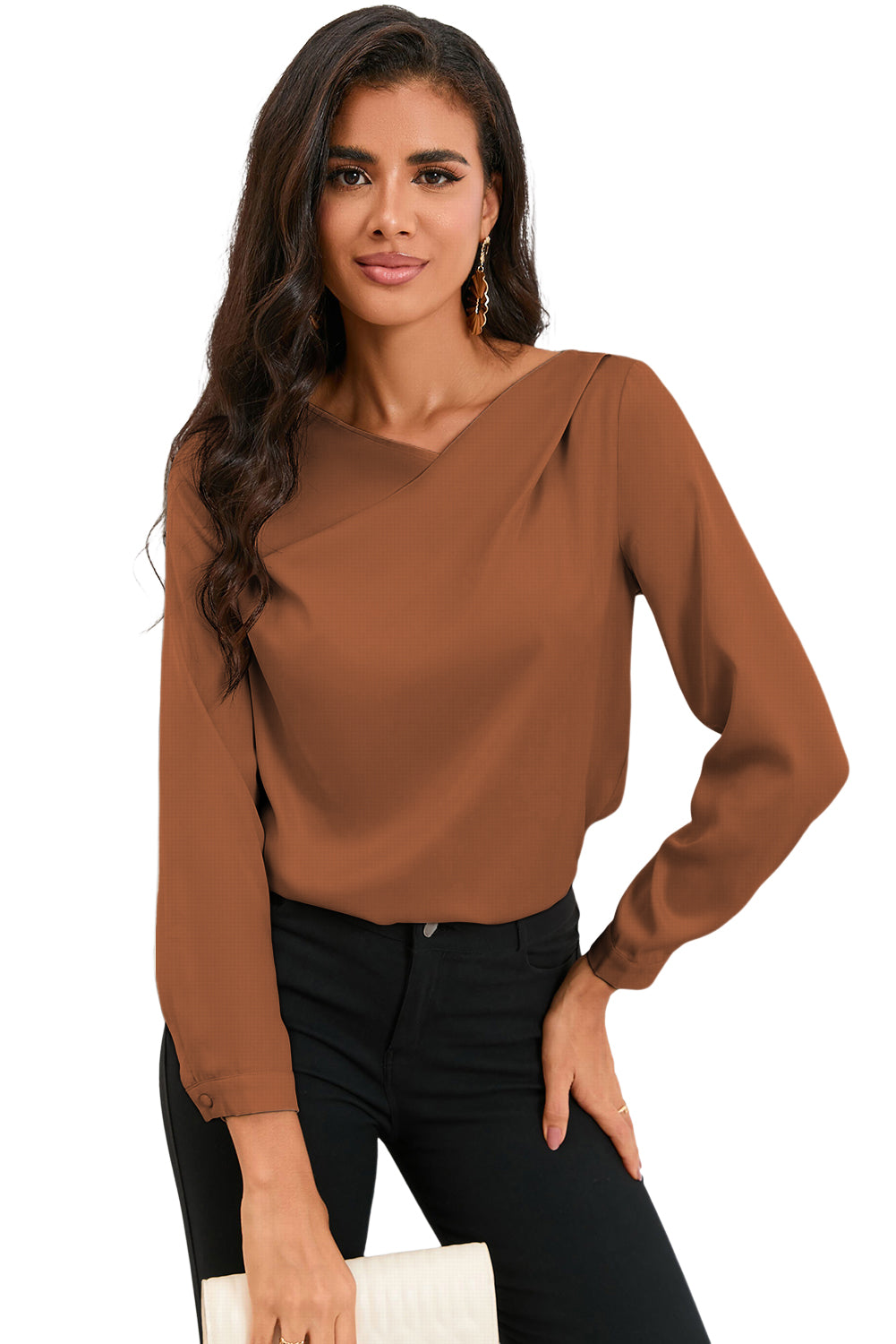 Apricot Solid Asymmetric V Neck Long Sleeve Satin Blouse