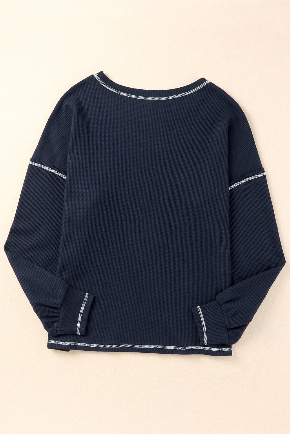 Contrast Stitching Trim Waffle Knit Pullover