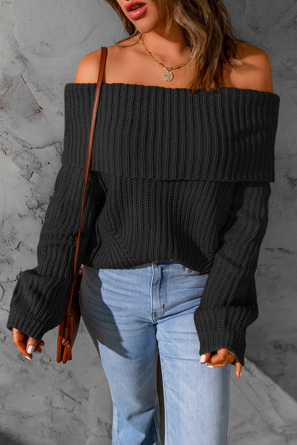 Brown Ribbed Knit Off Shoulder Sweater