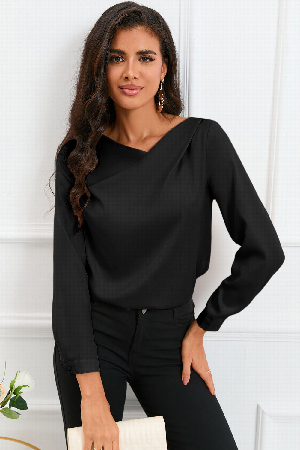 Apricot Solid Asymmetric V Neck Long Sleeve Satin Blouse