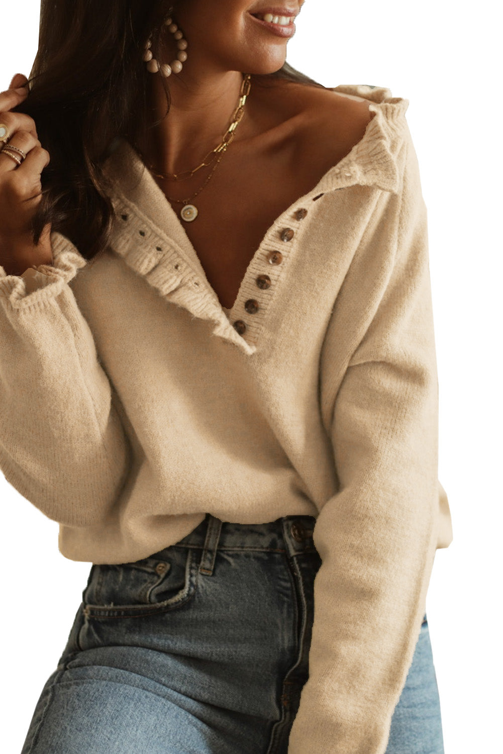 Beige Frill Trim Buttoned Knit Pullover Sweater