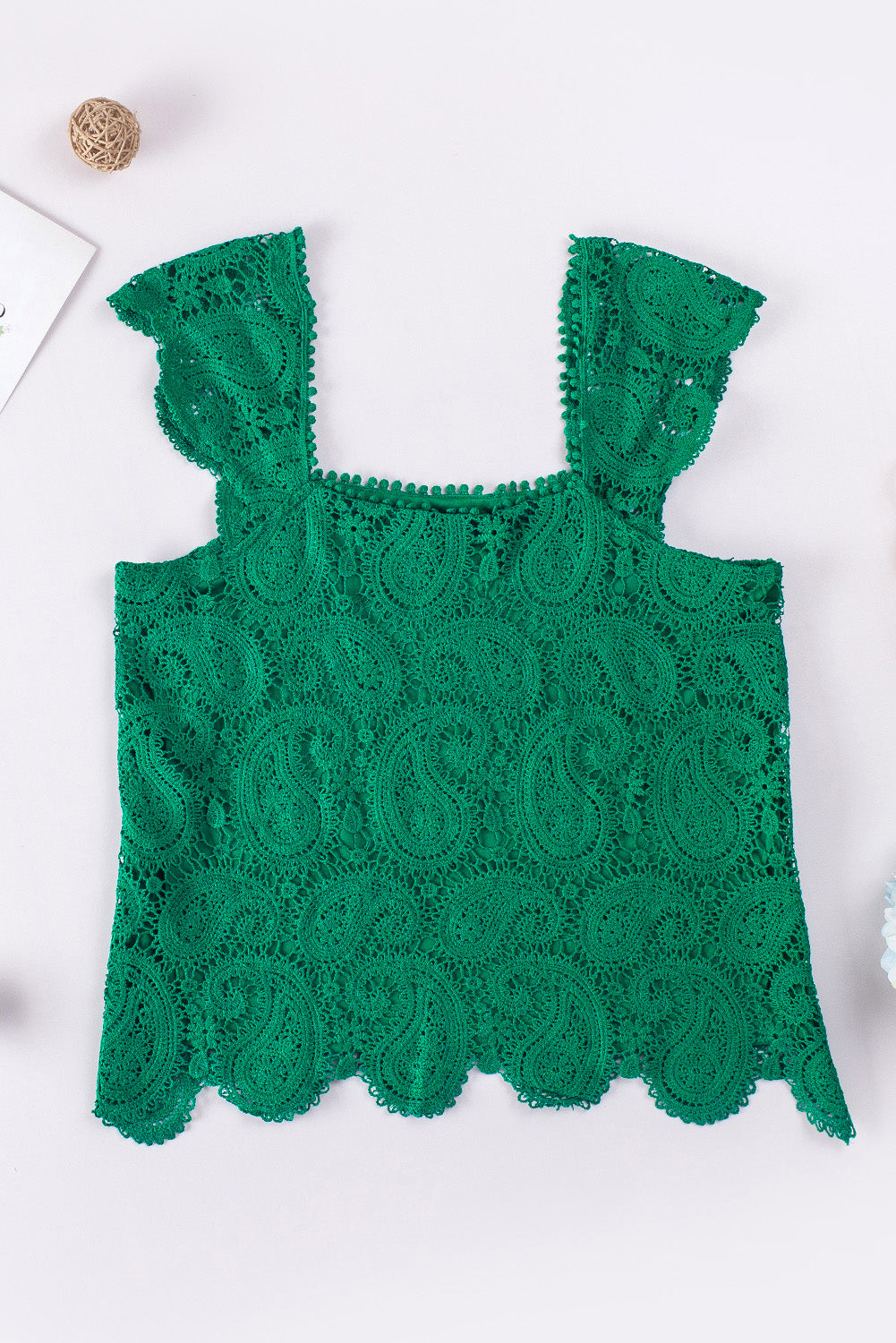 Green Lace Crochet Ruffled Square Neck Tank Top