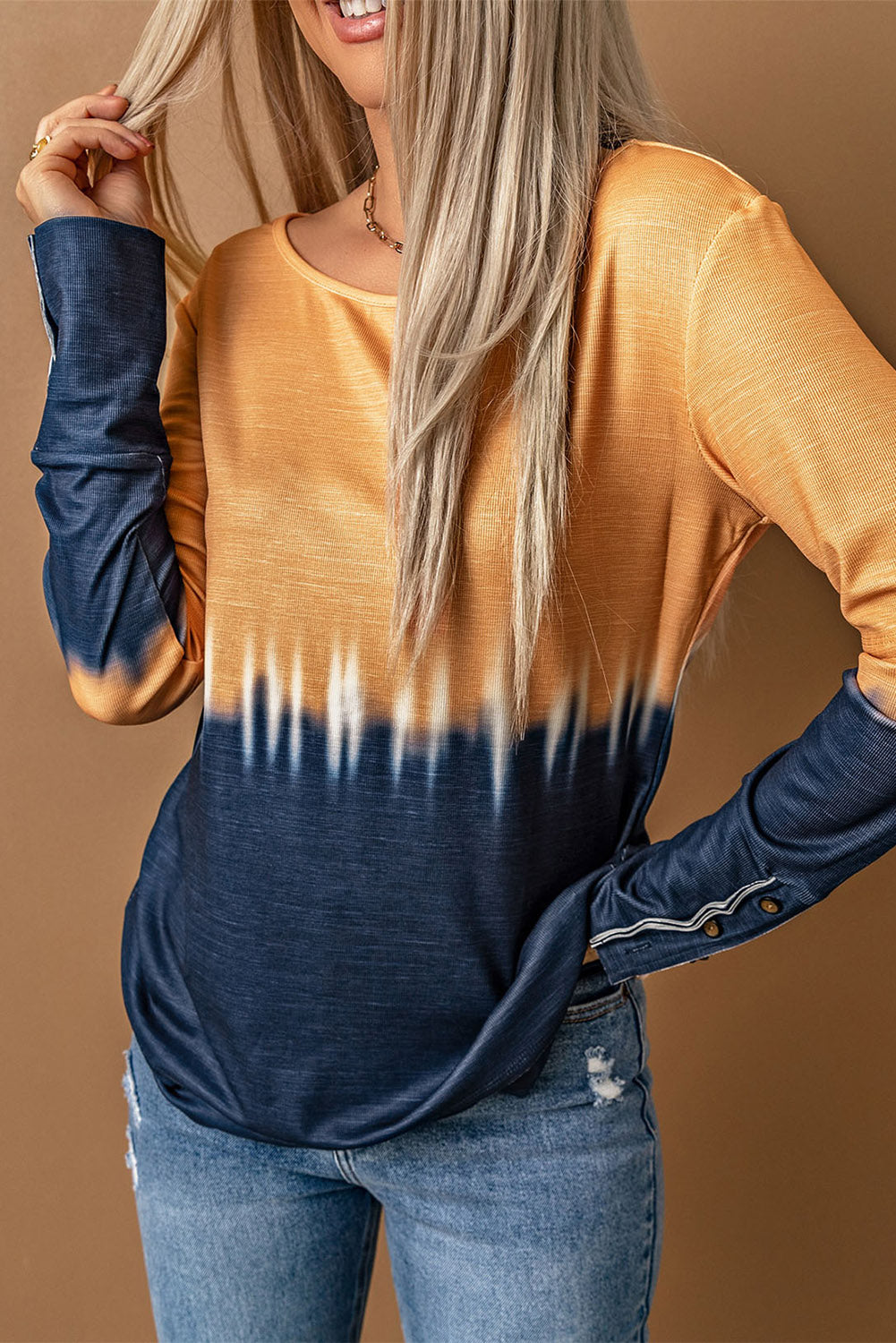 Khaki Tie Dye Color Block Button Cuff Long Sleeve Top