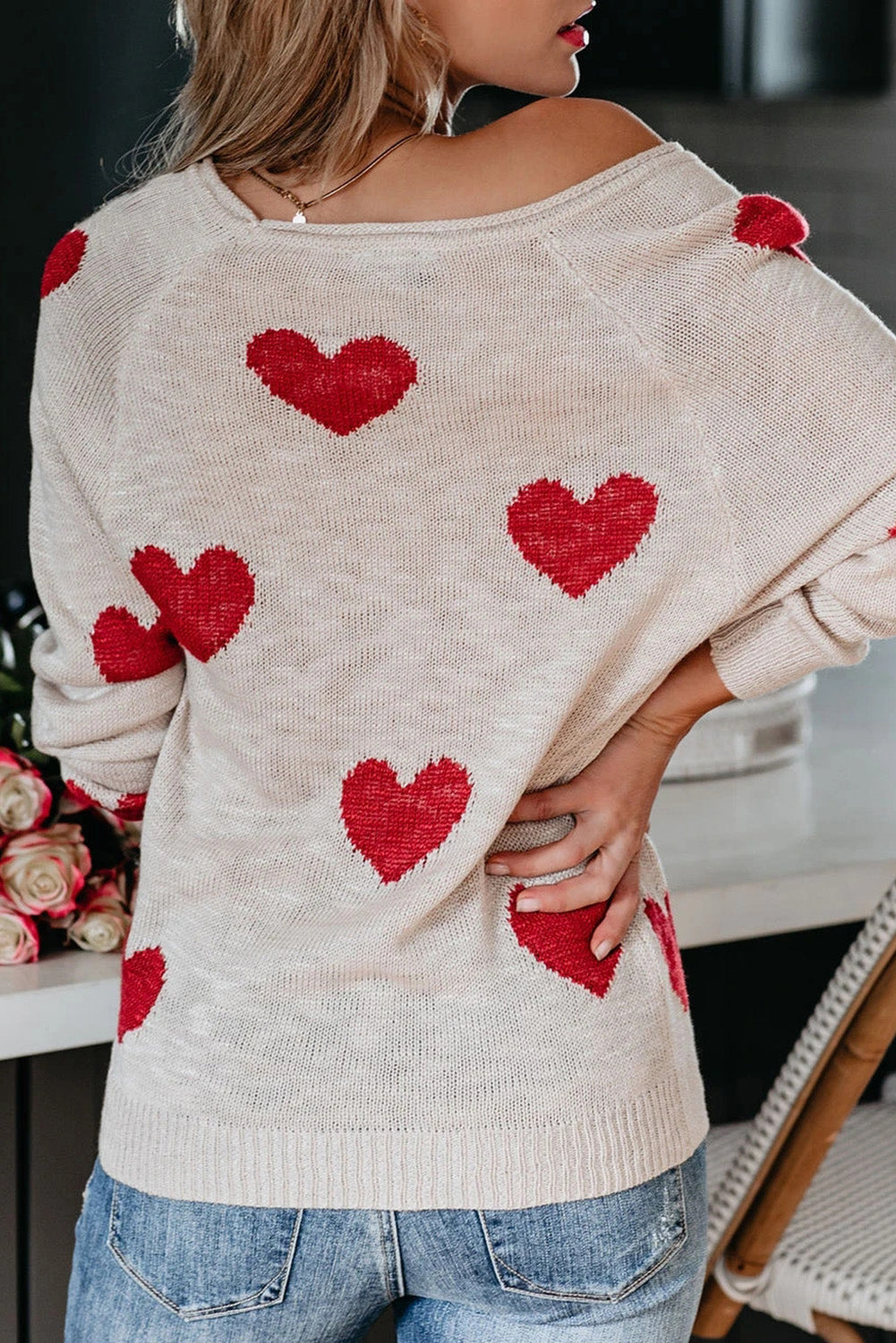 Red Heart Pattern V Neck Knit Sweater