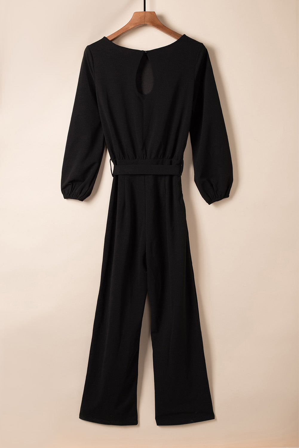 Black Boat Neck Bubble Sleeve Straight Legs Jumpsuit with Belt Tie