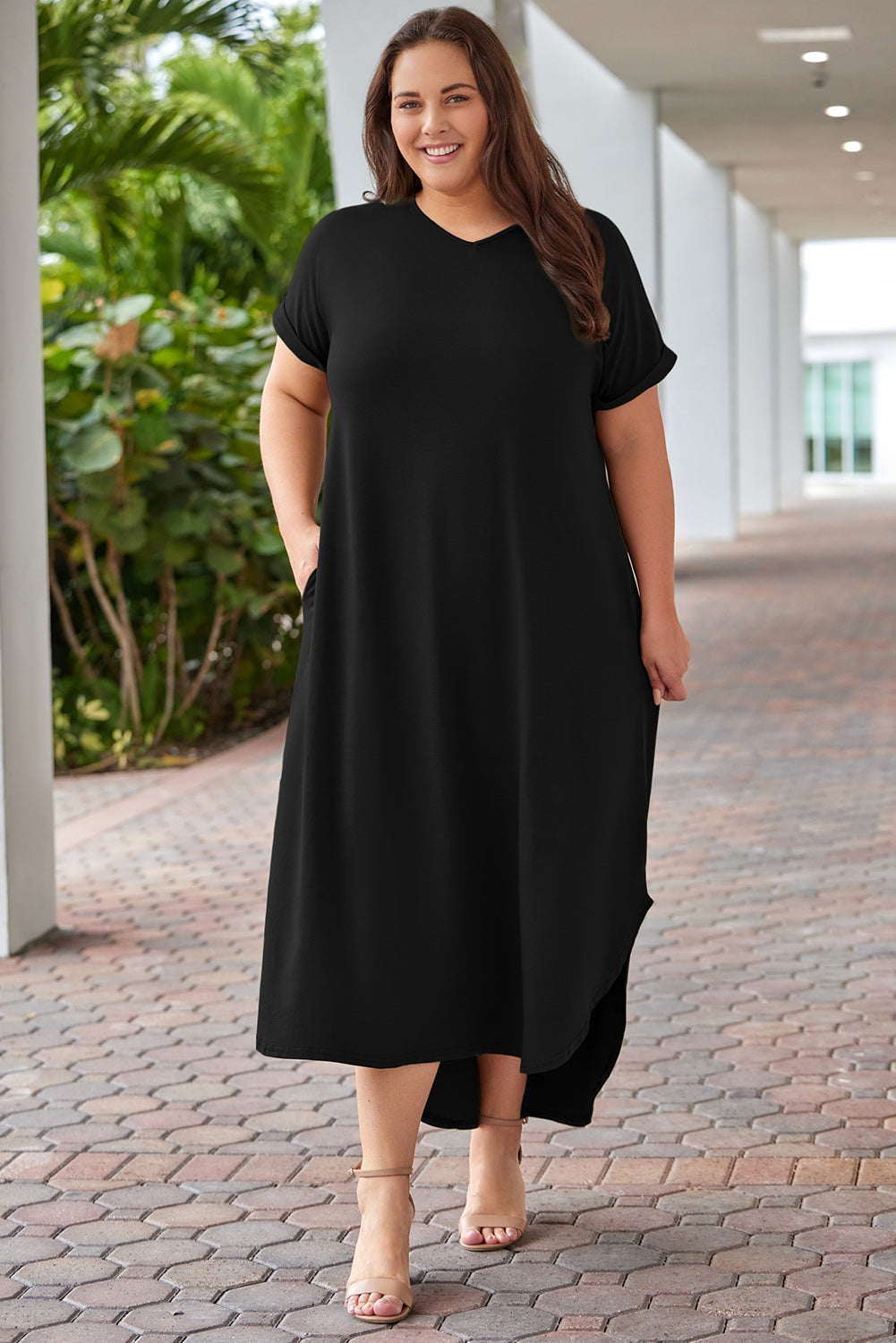 Black Plus Size V Neck Rolled Cuffs Maxi Dress