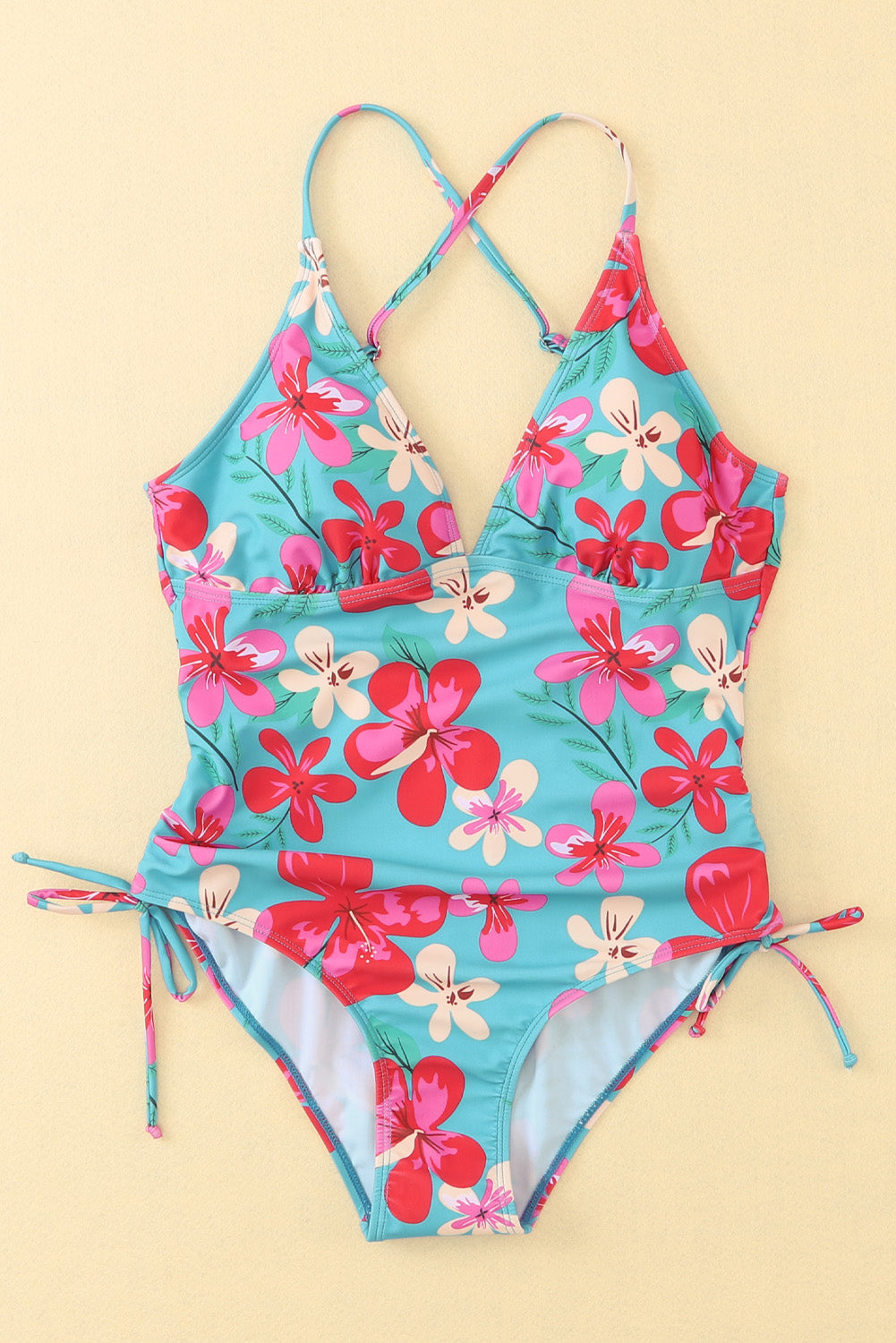 Sky Blue Flower Print Open Back One-piece Swimwear