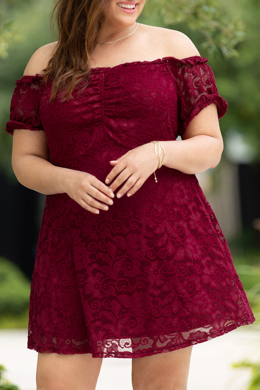 Red Lace Frill Bubble Sleeve Off Shoulder Plus Size Dress