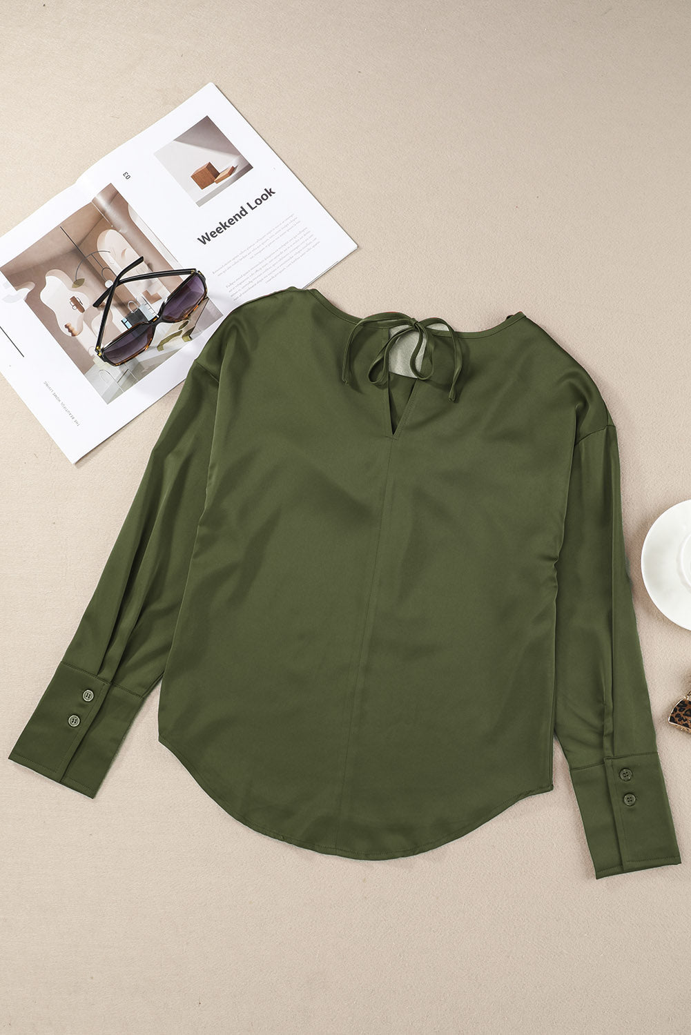 Green Cowl Neck Long Sleeve Elegant Blouse